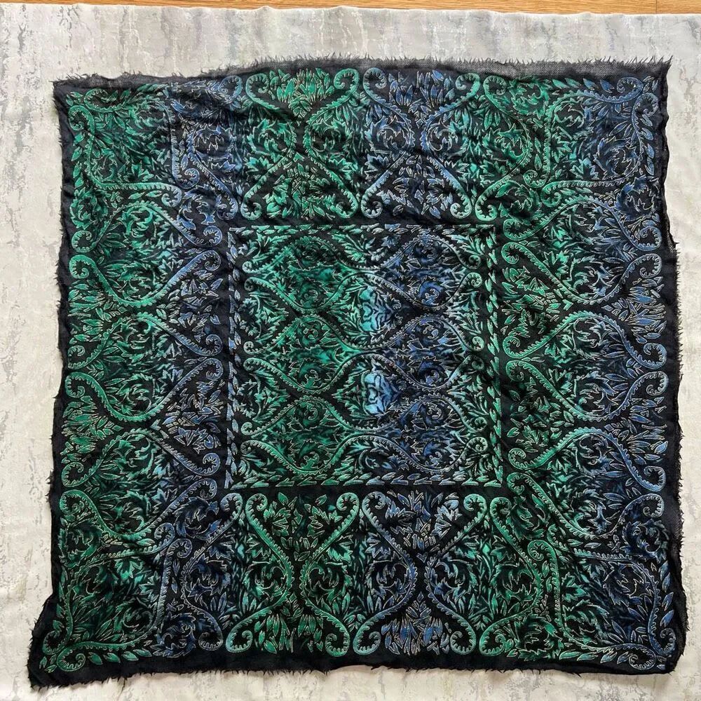 Vintage square scarf blue green and gold